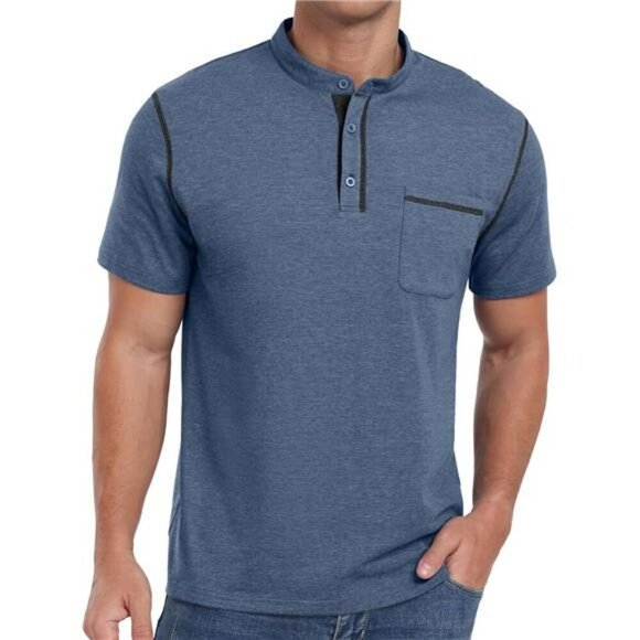 Mens Short Sleeve Henley Shirt Cotton Button Casual Summer Pocket Tee Top - Picture 5 of 7